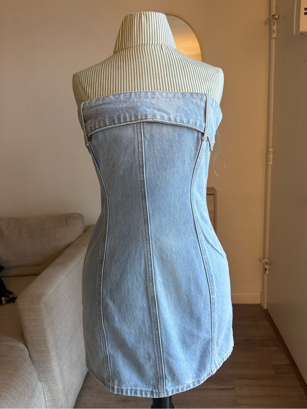 MESHKI Off Shoulder Denim Mini Dress Light Wash Bodycon Size S
